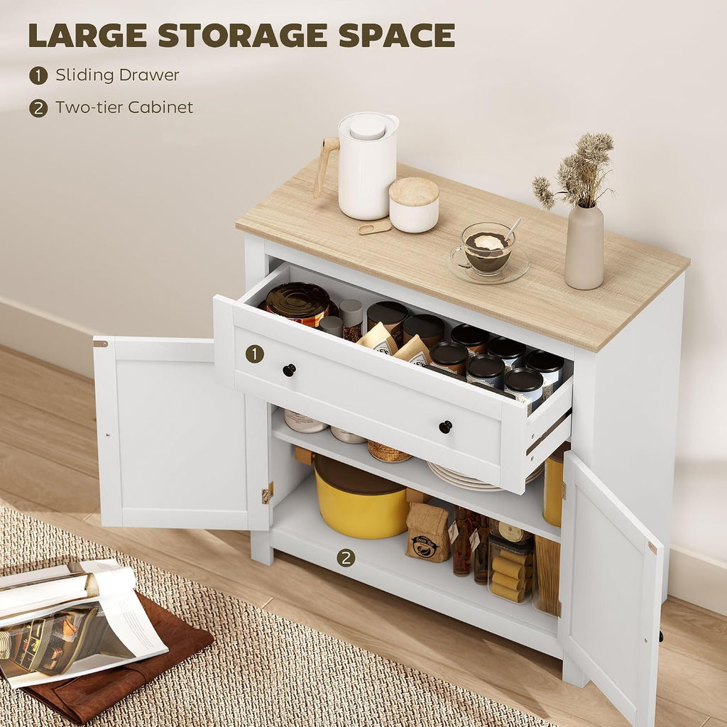 Sideboard Storage Cabinet with Drawer and Double Doors White | Modern Kitchen Cupboard, Adjustable Shelf, Sideboard for Living Room, Dining Room, Hallway
