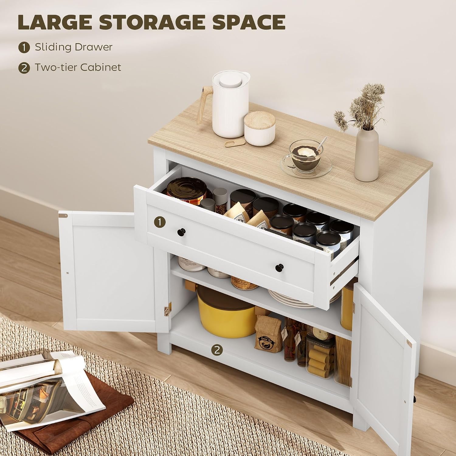 Sideboard Storage Cabinet with Drawer and Double Doors White | Modern Kitchen Cupboard, Adjustable Shelf, Sideboard for Living Room, Dining Room, Hallway