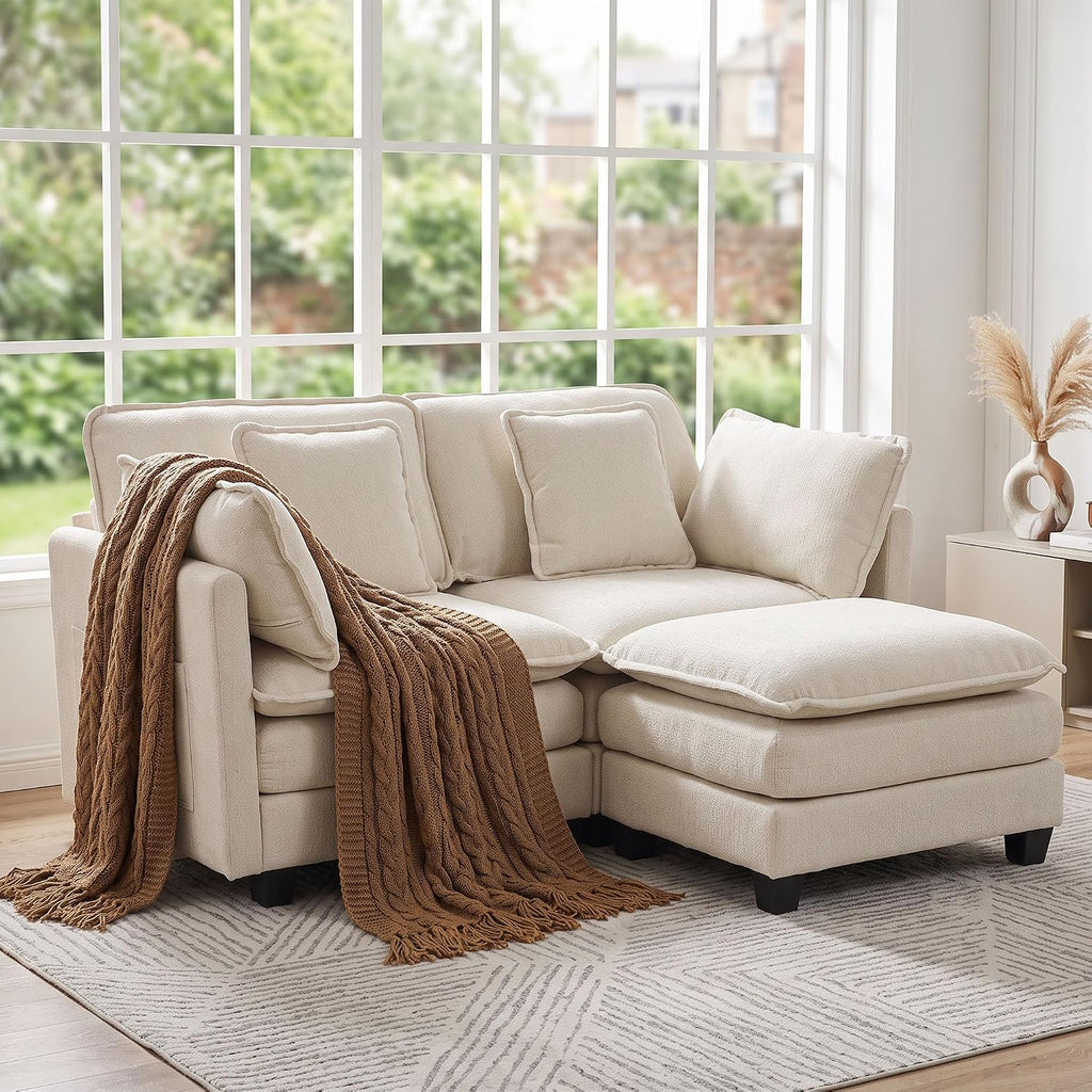 L Shaped Sofa, 162Cm Chenille 2 Seater with Ottoman, Begie | Deep-Seat Modular Design with a Movable Ottoman Footstool for Living Rooms, Bedrooms and Small Spaces