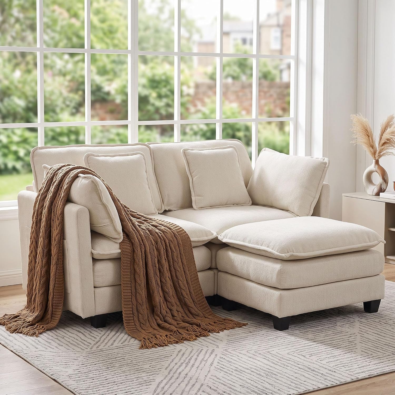 L Shaped Sofa, 162Cm Chenille 2 Seater with Ottoman, Begie | Deep-Seat Modular Design with a Movable Ottoman Footstool for Living Rooms, Bedrooms and Small Spaces