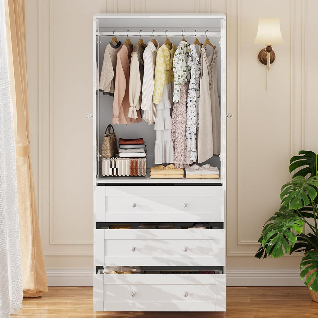 71" Tall Armoire Wardrobe Closet with Drawers and Mirror | Clothing Storage Cabinet with Hanging Rod, 2 Doors Wooden Wardrobe Cabinet for Bedroom, Large Capacity Storage (White)