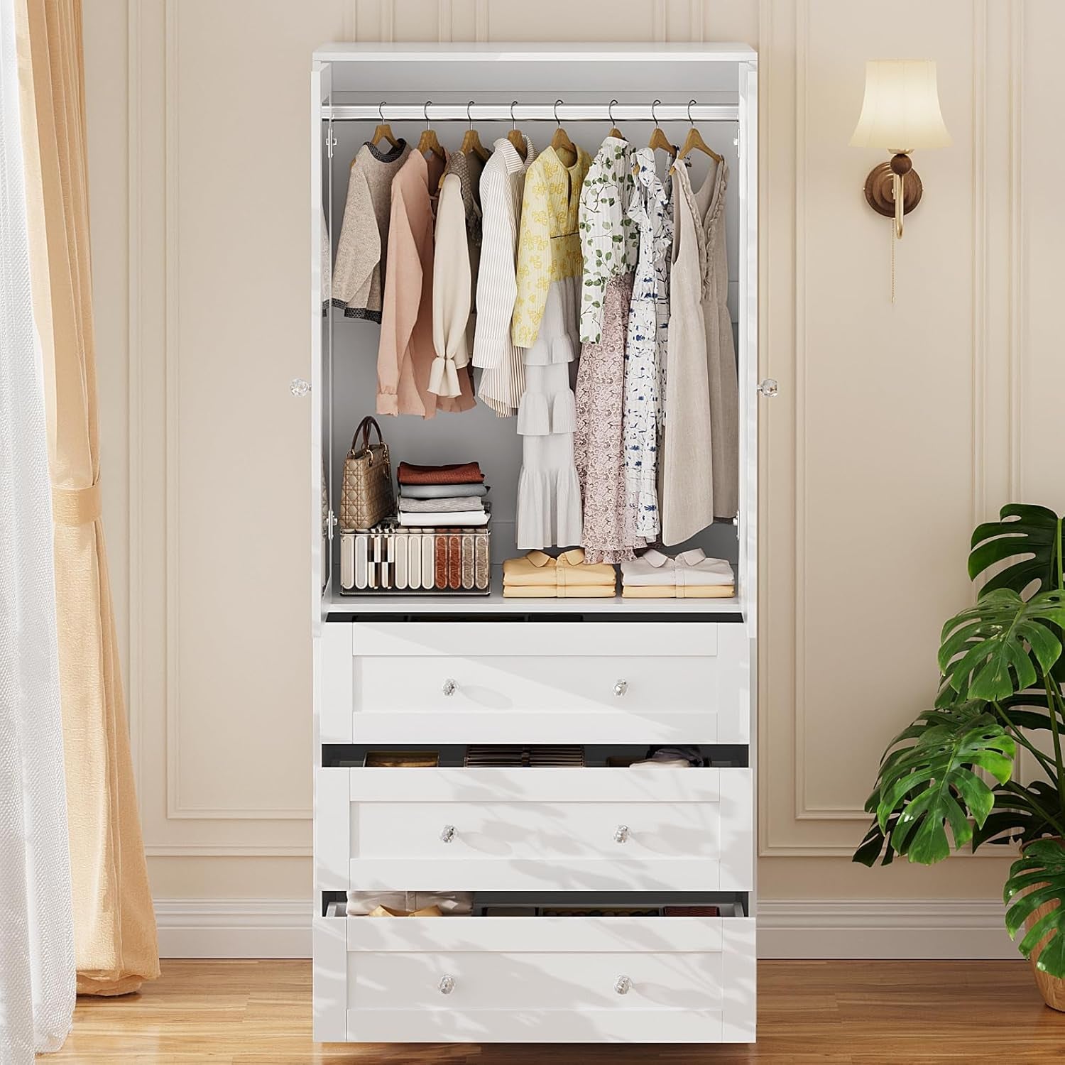 71" Tall Armoire Wardrobe Closet with Drawers and Mirror | Clothing Storage Cabinet with Hanging Rod, 2 Doors Wooden Wardrobe Cabinet for Bedroom, Large Capacity Storage (White)