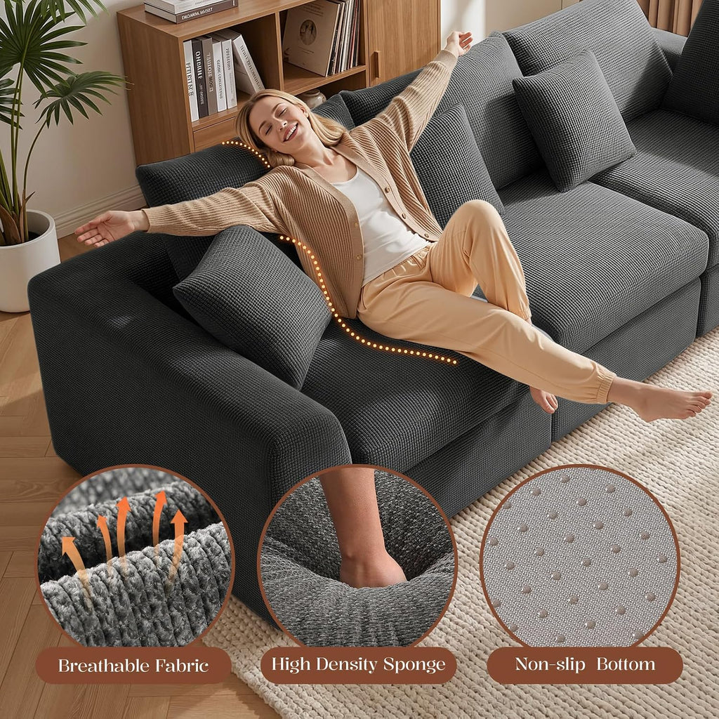 106" Modular Cloud Sectional Boneless Sofa with Movable Ottoman | Convertible L-Shaped Sectional Couches, Easy Assembly & Relocation for Living Room, Dark Gray