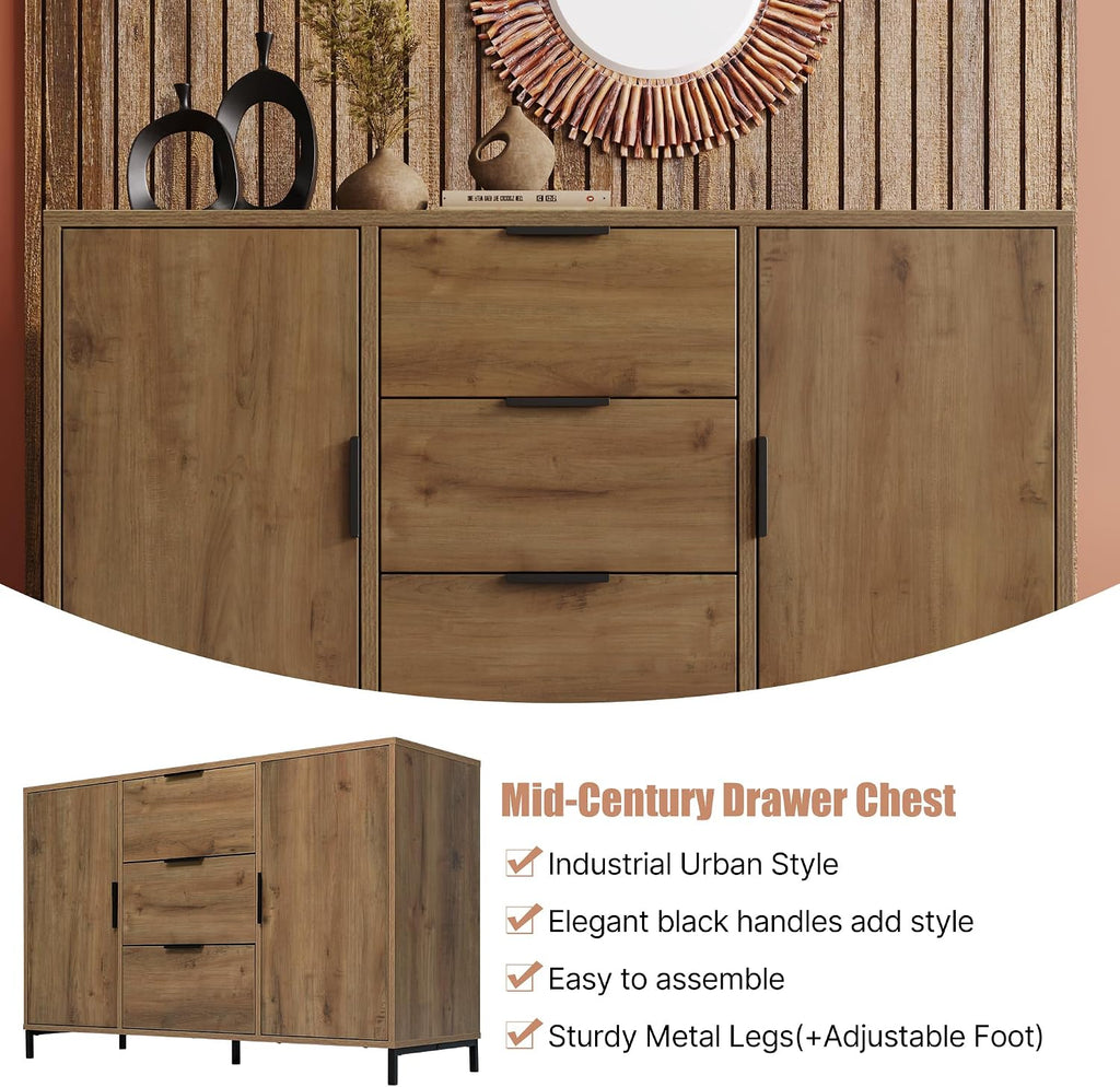 Sideboard Cabinet Cupboard with 2 Doors and 3 Drawers, Rustic Sideboards for Living Room, Kitchen, and Hallway, Adjustable Shelf, 120 X 40 X 76 Cm, Dark Oak
