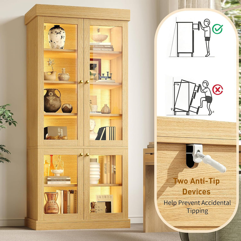 Modern Display Cabinets with Glass Doors & LED Lights, Freestanding Bookcase/Cabinet for Living Room, Oak Colour