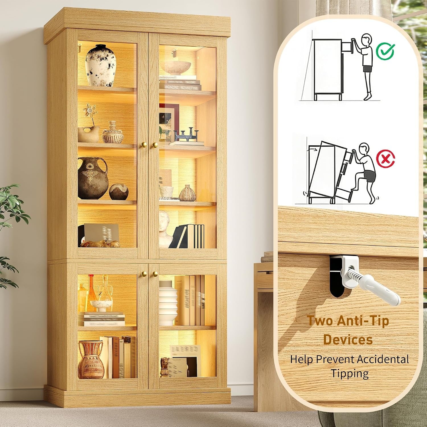 Modern Display Cabinets Combo with Glass Doors & LED Lights, Freestanding Bookcase/Cabinet for Living Room, Oak Colour