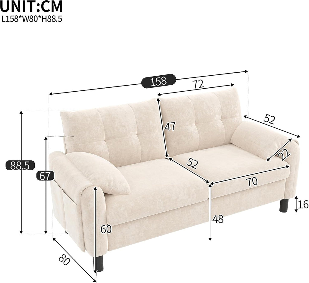 2 Seater Chenille Sofa Small Sofa with Soft Cushioned Seat Beige | Two Seater Sofa with Pillow‑Style Armrests and Side Storage Pocket, Loveseat for Small Living Rooms, Bedrooms and Apartments
