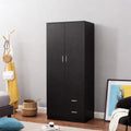 Wooden 2 Door 2 Drawer Wardrobe with Shelf and Hanging Rail Modern Clothes Storage Cupboards Unit for Bedroom Furniture W 77 * D 50 * H 180Cm (Black)