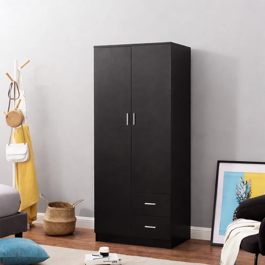 Wooden 2 Door 2 Drawer Wardrobe with Shelf and Hanging Rail Modern Clothes Storage Cupboards Unit for Bedroom Furniture W 77 * D 50 * H 180Cm (Black)