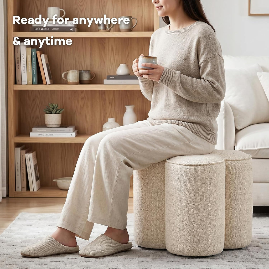 Petal Ottoman Foot Stool, Flower-Shaped Pouffe Footstool, Beige | Linen Upholstered Vanity Stool, Wood Frame, 125Kg Capacity, No Assembly, Foot Rest for Sofa Living Room Bedroom