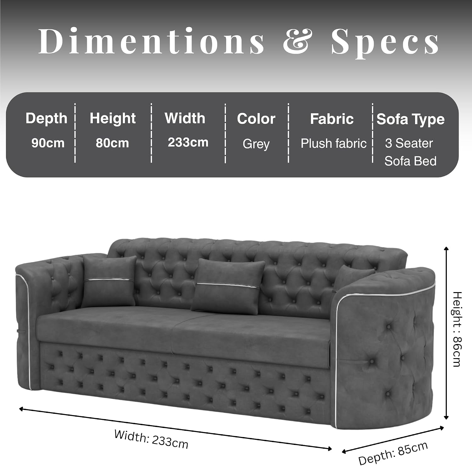 GLAMORA 3 Seater Sofa - Pull Out Convertible Bed with Internal Metal Support Legs & Cushion Set | Soft Plush Suede Couch for Living Room (Gray)