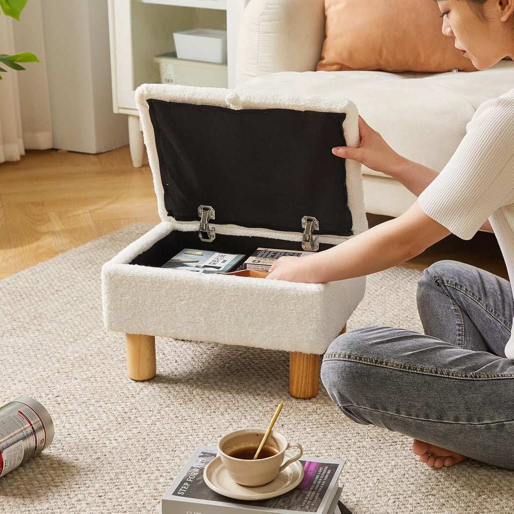 Small Footstool with Storage, Faux Teddy Fur Foot Stool Ottoman with Wooden Legs, Change Shoes Stool for Living Room Bedroom Entryway Office,White YD-JD136W