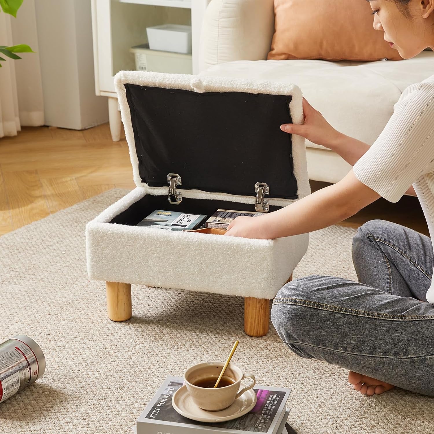 Small Footstool with Storage, Faux Teddy Fur Foot Stool Ottoman with Wooden Legs, Change Shoes Stool for Living Room Bedroom Entryway Office,White YD-JD136W