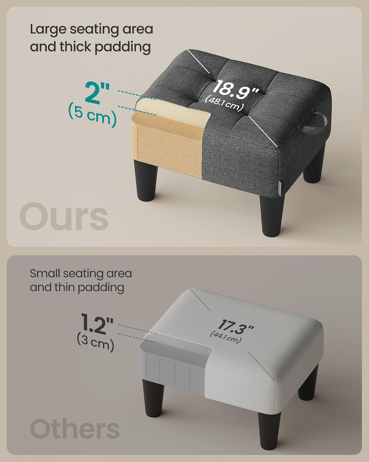 Foot Stool, Linen-Look Fabric Ottoman with Thick Cushion | Footstool, 150 Kg Weight Capacity, for Living Room, Bedroom, Entryway, Slate Grey and Ink Black LOM502G02