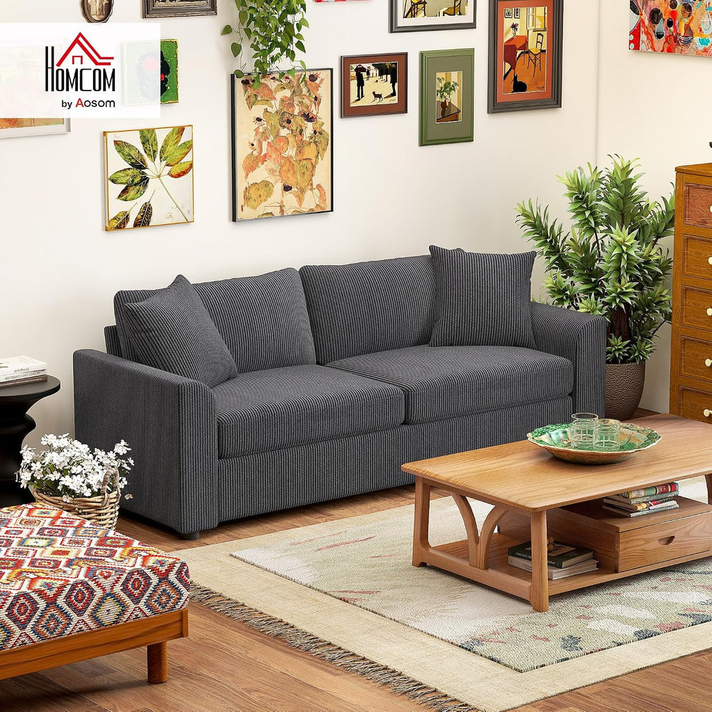 Modern 3 Seater Sofa with Spring Cushion Fabric 212 Cm Grey | Jumbo Cord Sofa Couch, 2 Scatter Cushions, Upholstered Corduroy Settee, Living Room, Bedroom, Home Office