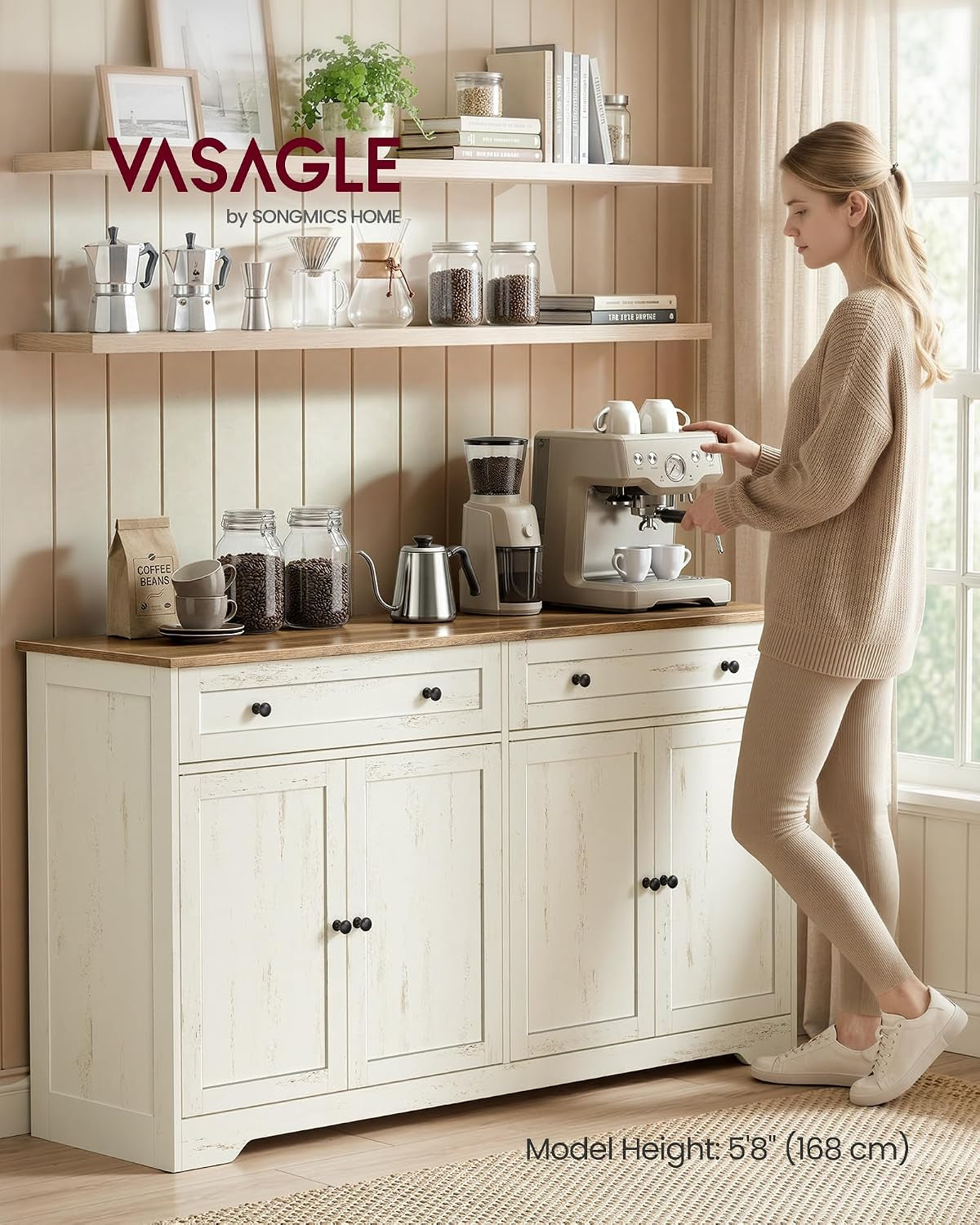 Collection - Storage Cabinet, Farmhouse Buffet Cabinet with 2 Drawers and Adjustable Shelves, 4 Doors, Sideboard, Coffee Bar, 40 X 140 X 80 Cm, Rustic White and Honey Brown SIREN LSC541WJ01