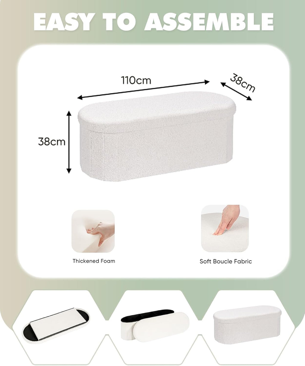 Folding Ottoman Storage Bench,Boucle Footstool Oval, End of Bed Stool, Ideal for Living Room, Bedroom, 100L Storage Space,Cream,110X38X38Cm