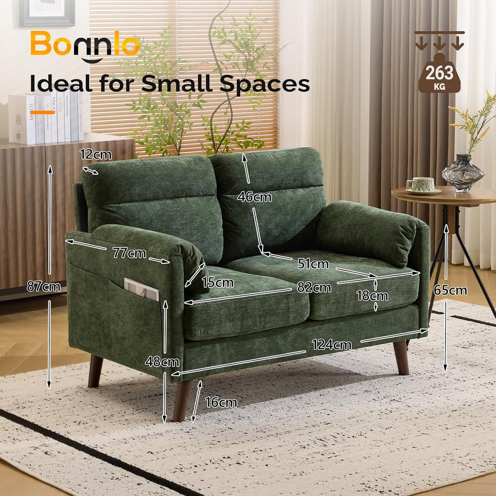 2 Seater Sofa, Modern Small Sofa with Soft Cushion and Tapered Legs | Compact Loveseat with Side Pocket Storage and Deep Seat, Perfect Couch for Living Room, Bedroom, Office, Apartment, Green