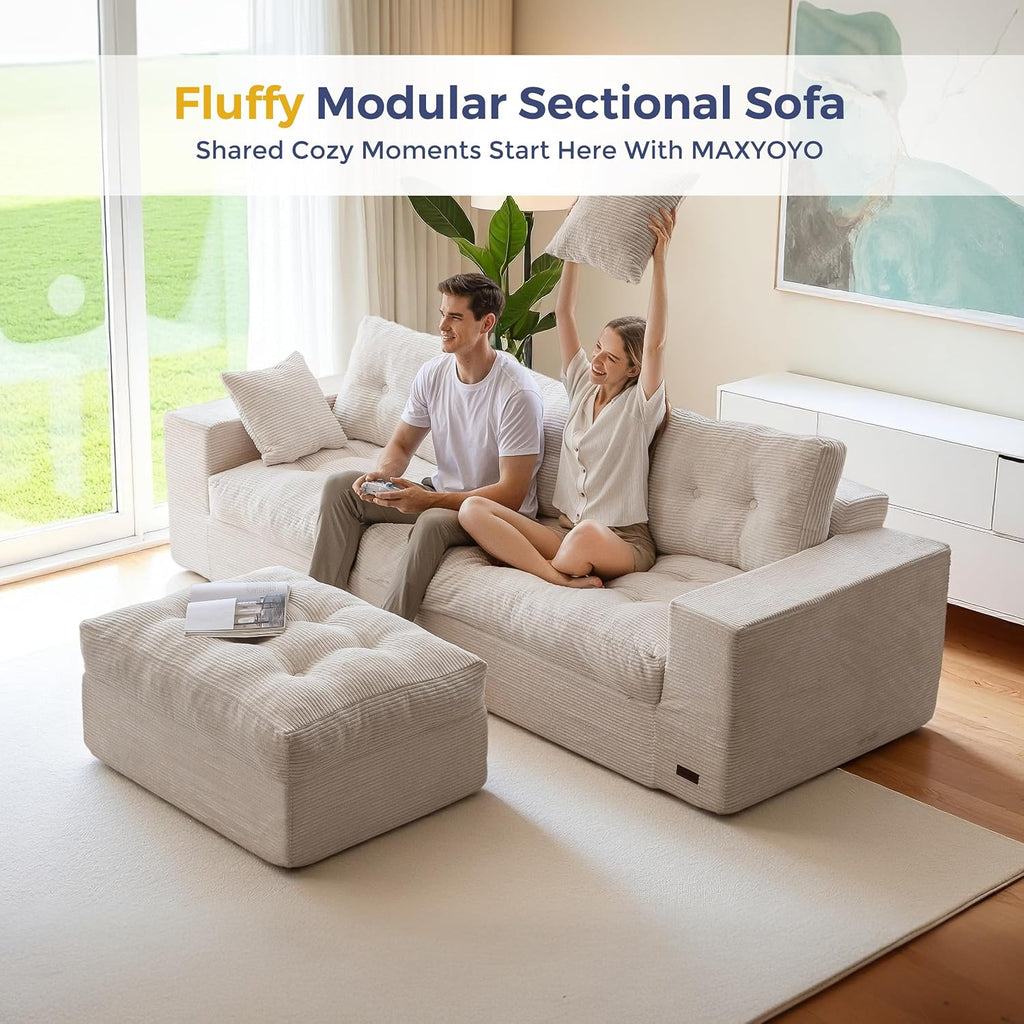 Modular Sectional Sofa,Jumbo Cord 3-4 Seater Corner Sofa Left/Right Hand Facing Corduroy L Shaped Couch for Living Room Bedroom, No Assembly Required Off-White