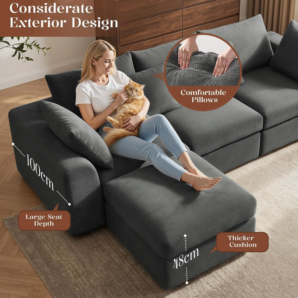 106" Modular Cloud Sectional Boneless Sofa with Movable Ottoman | Convertible L-Shaped Sectional Couches, Easy Assembly & Relocation for Living Room, Dark Gray