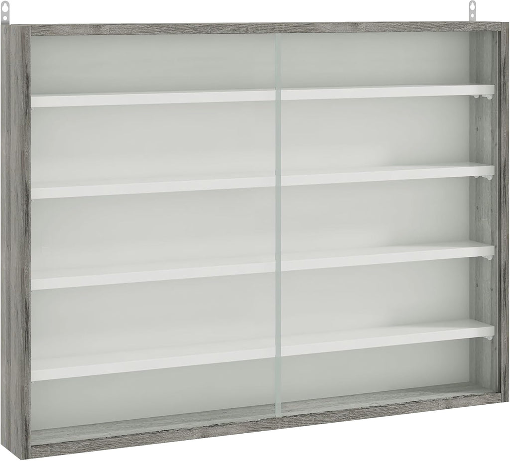 5-Tier Wall Mounted Display Cabinet Glass Doors 60X80Cm Grey Wood | Display Case, 4 Adjustable Shelves, for Home Office Ornaments