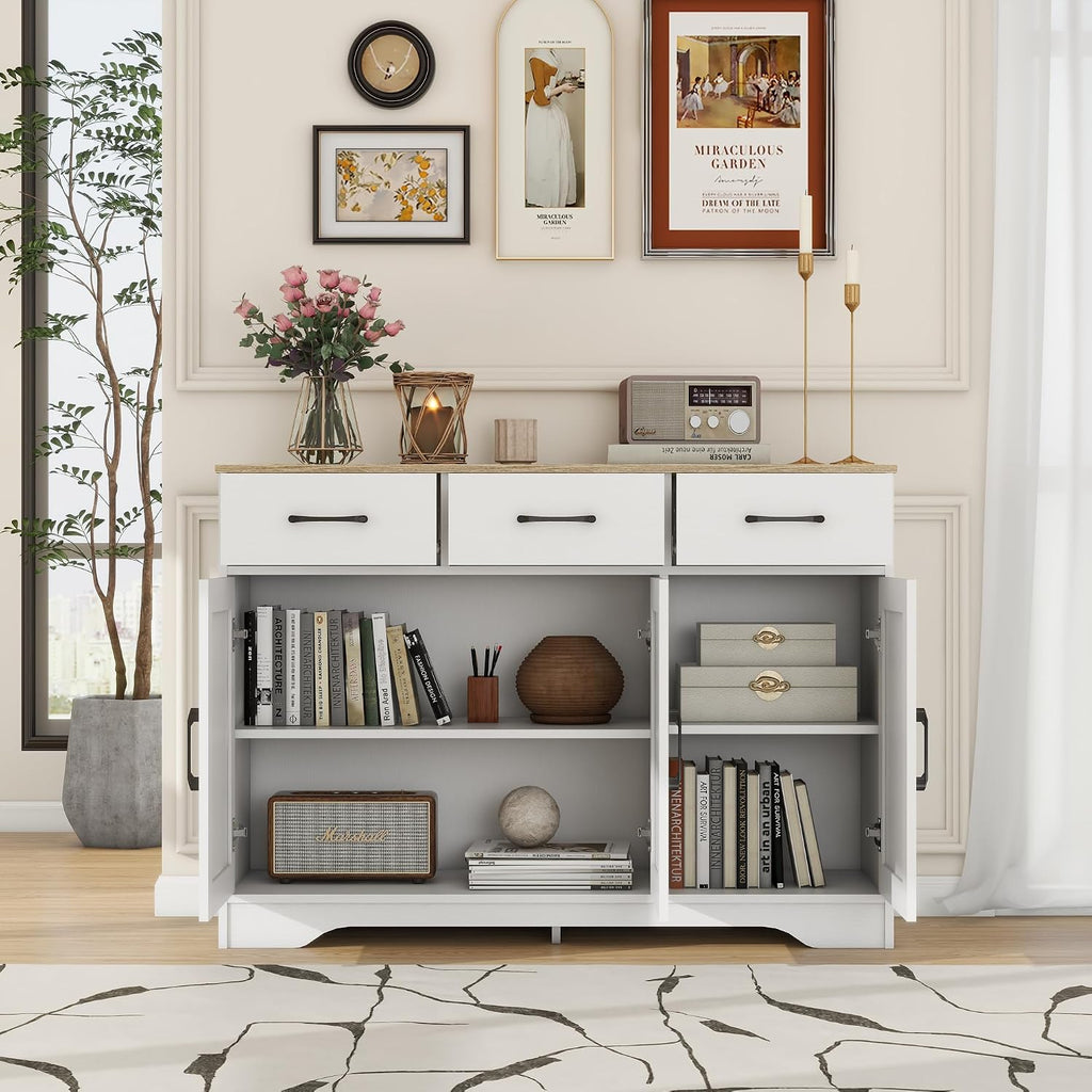 Wooden Sideboard 3 Drawers 3 Doors Entryway Dining Room Console Living Room Storage Farmhouse Sideboard Cabinet (White)