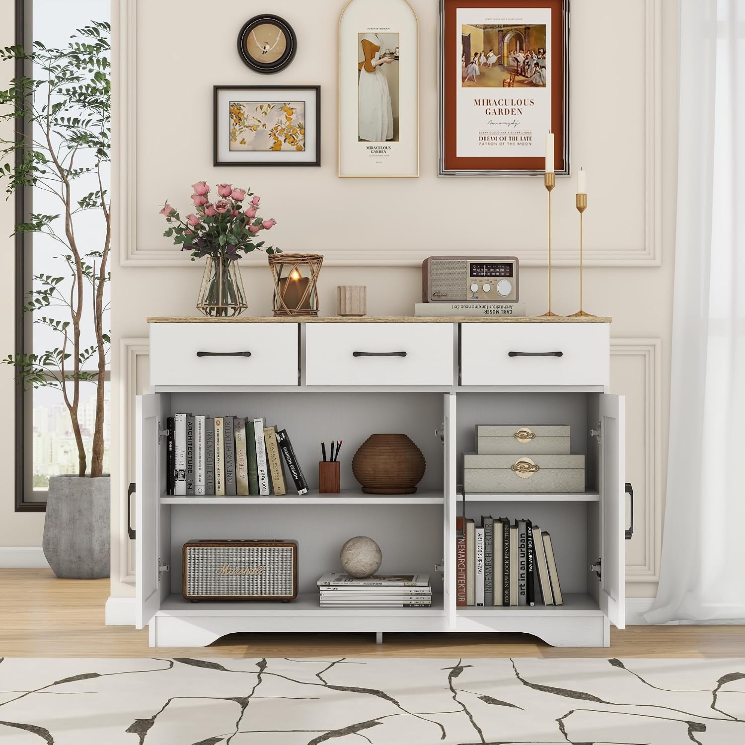 Wooden Sideboard 3 Drawers 3 Doors Entryway Dining Room Console Living Room Storage Farmhouse Sideboard Cabinet (White)
