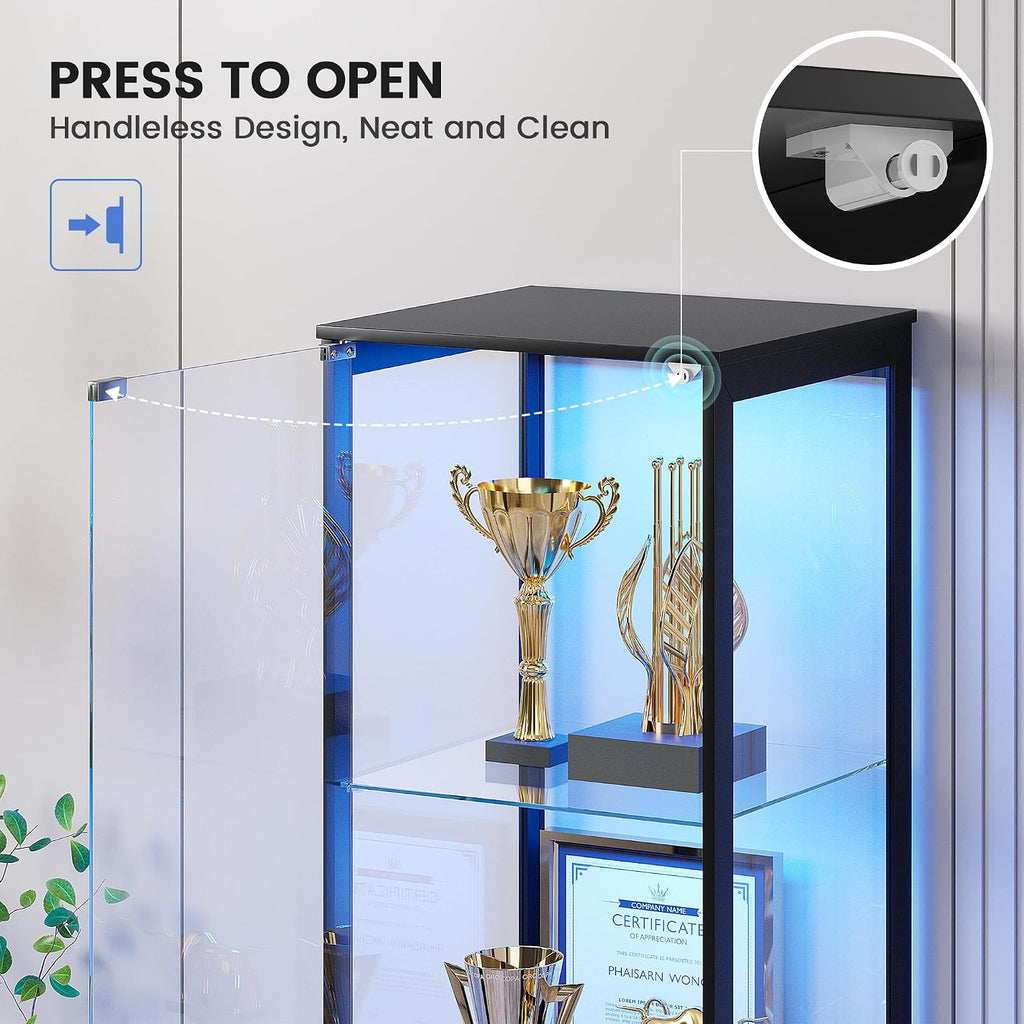 Glass Display Cabinet with LED Lights, 165CM Tall, Black | 3-Color Lights, 4-Tier Storage Shelf, Space-Saving, for Collectibles/Toys/Books, for Living Room