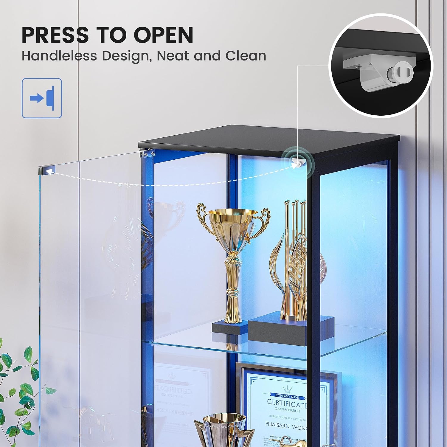 Glass Display Cabinet with LED Lights, 165CM Tall, Black | 3-Color Lights, 4-Tier Storage Shelf, Space-Saving, for Collectibles/Toys/Books, for Living Room