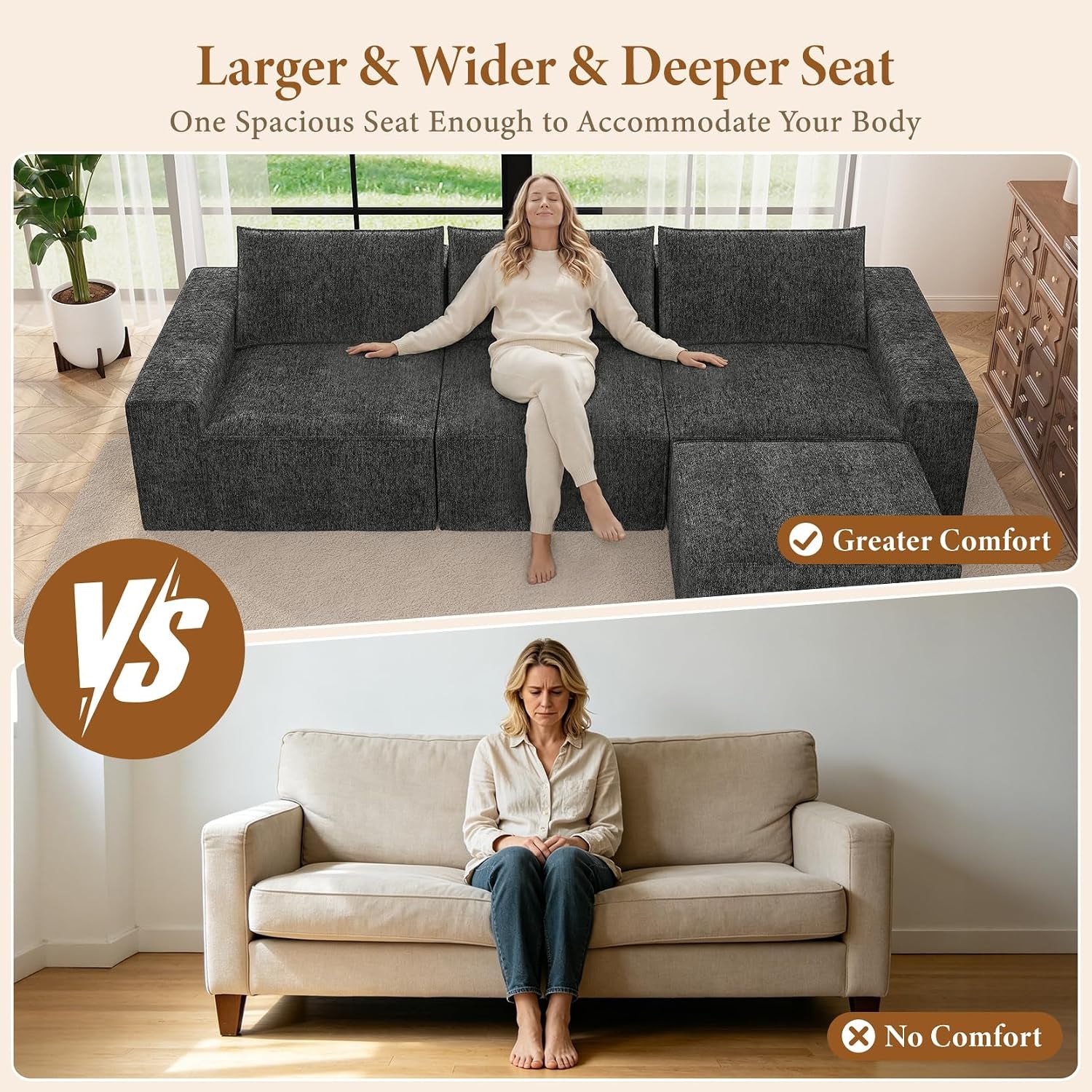 285Cm Boneless Corner Sofa, Deep Seat Large Modular Couch, Grey | Cloud Comfort, No Assembly Required, Easy Rearrangement, Sectional Living Room Couch for Apartment, Compressed Sofa Chenille