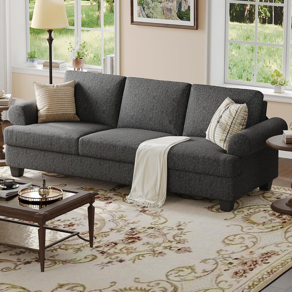 231CM Sofa Couch, Deep Seat Sofa with Lawson Style Armrests, Modern 3 Seater Sofa with Upholstered Cushion& Backrests, Mid-Century Comfy Couch for Living Room, Apartment, Gray
