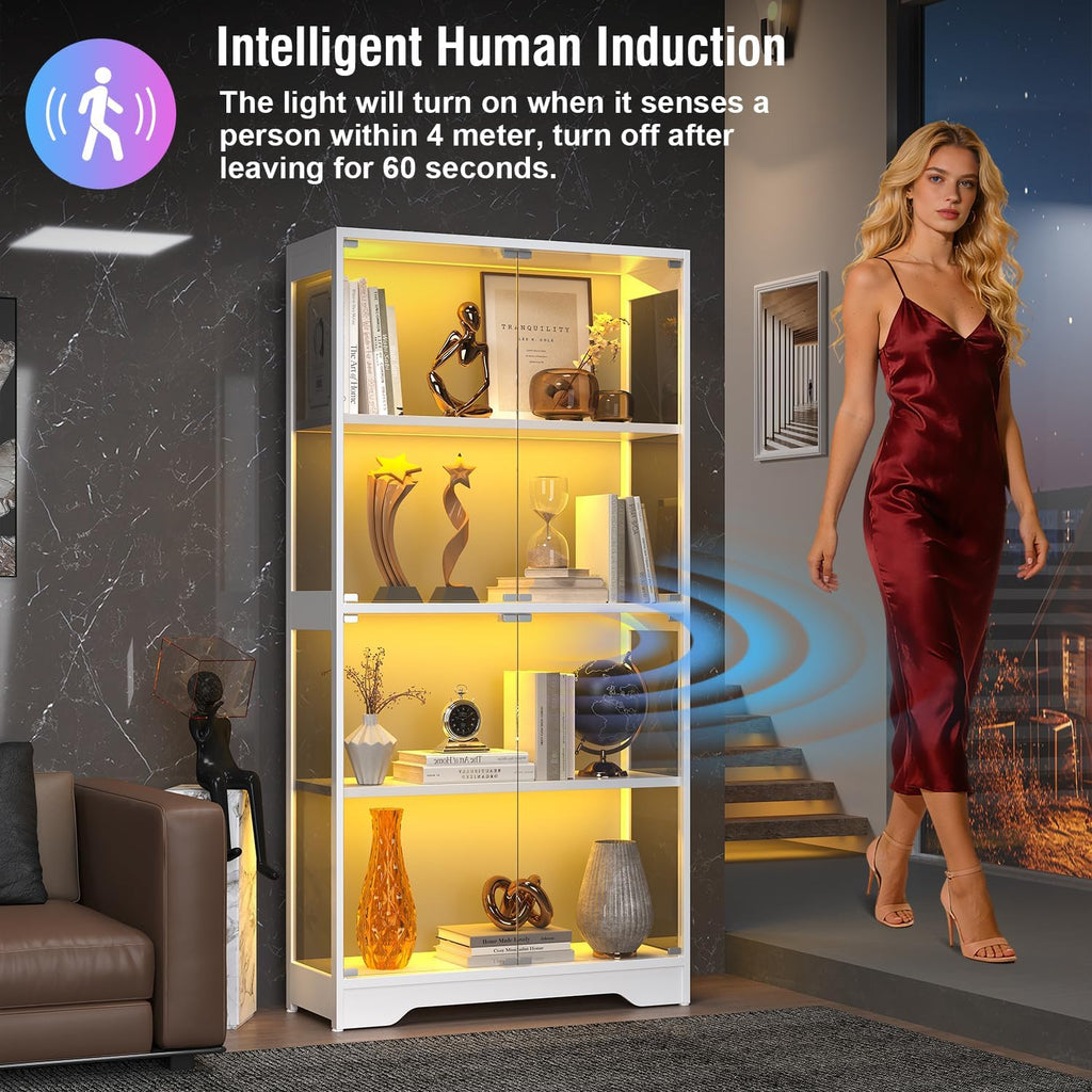 Display Cabinet with Glass Doors, 63" Tall Curio Cabinet with Human Sensor RGB LED Lights, 4-Tier Glass Display Case with 15Mm Thick Shelves for Action Figures, Collectibles, Books - White