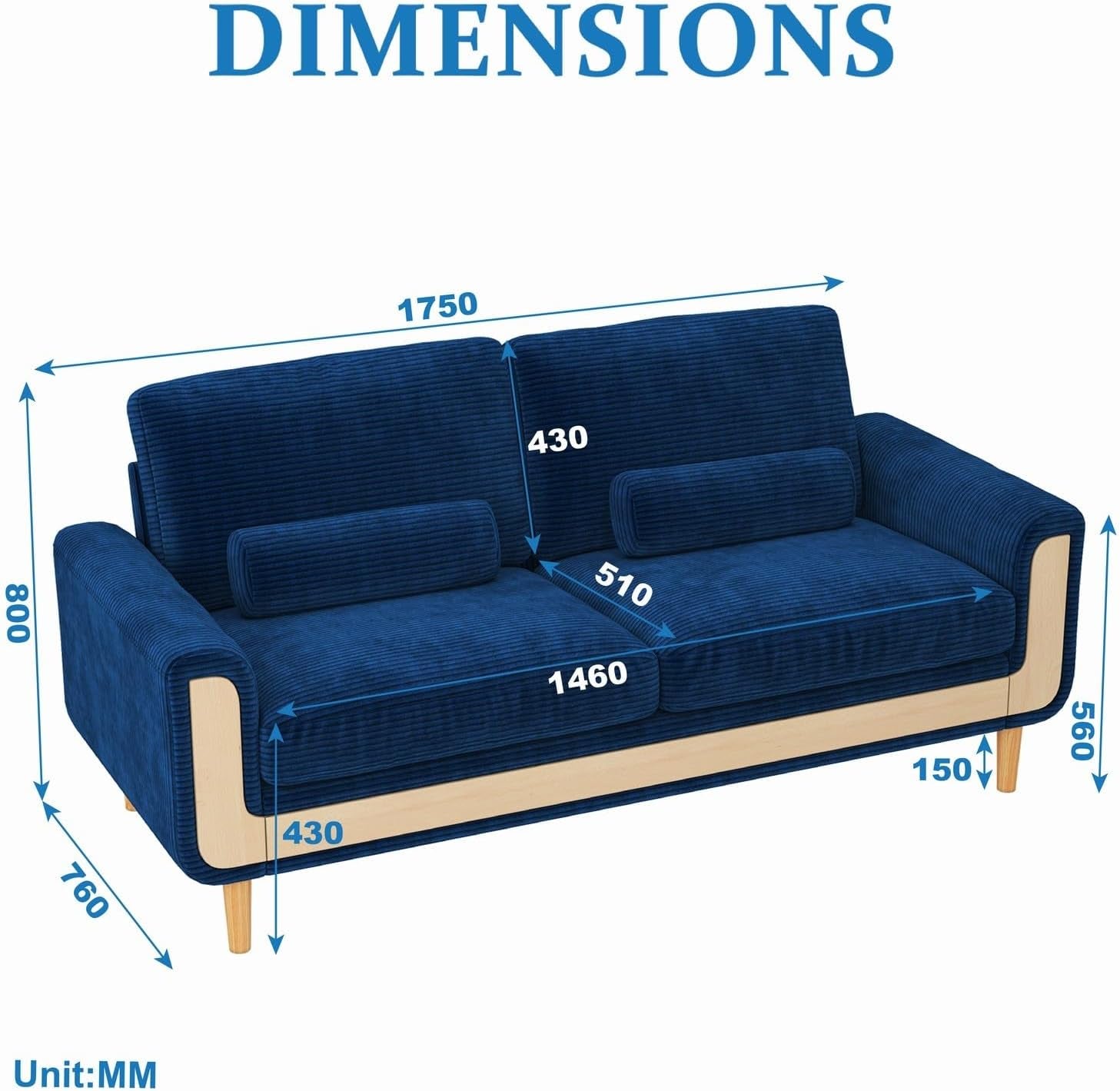 Large 2 Seater Sofa in Corduroy with Bolster Cushions, Blue | 175 Cm Wide, 146 Cm Seat, 51 Cm Seat Depth, 15 Cm High Legs, Solid Wood Frame, Corduroy Upholstery