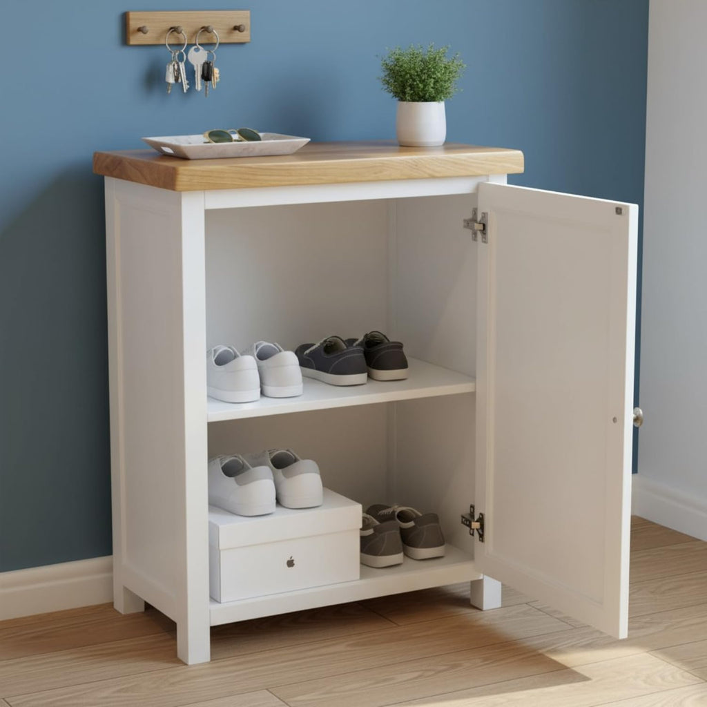 Storage Cabinet with Open Shelf, White and Oak Top, 2 Doors with Metal Knobs, Ready Assembled Storage Cabinet for Hallway or Livingroom (White 2)