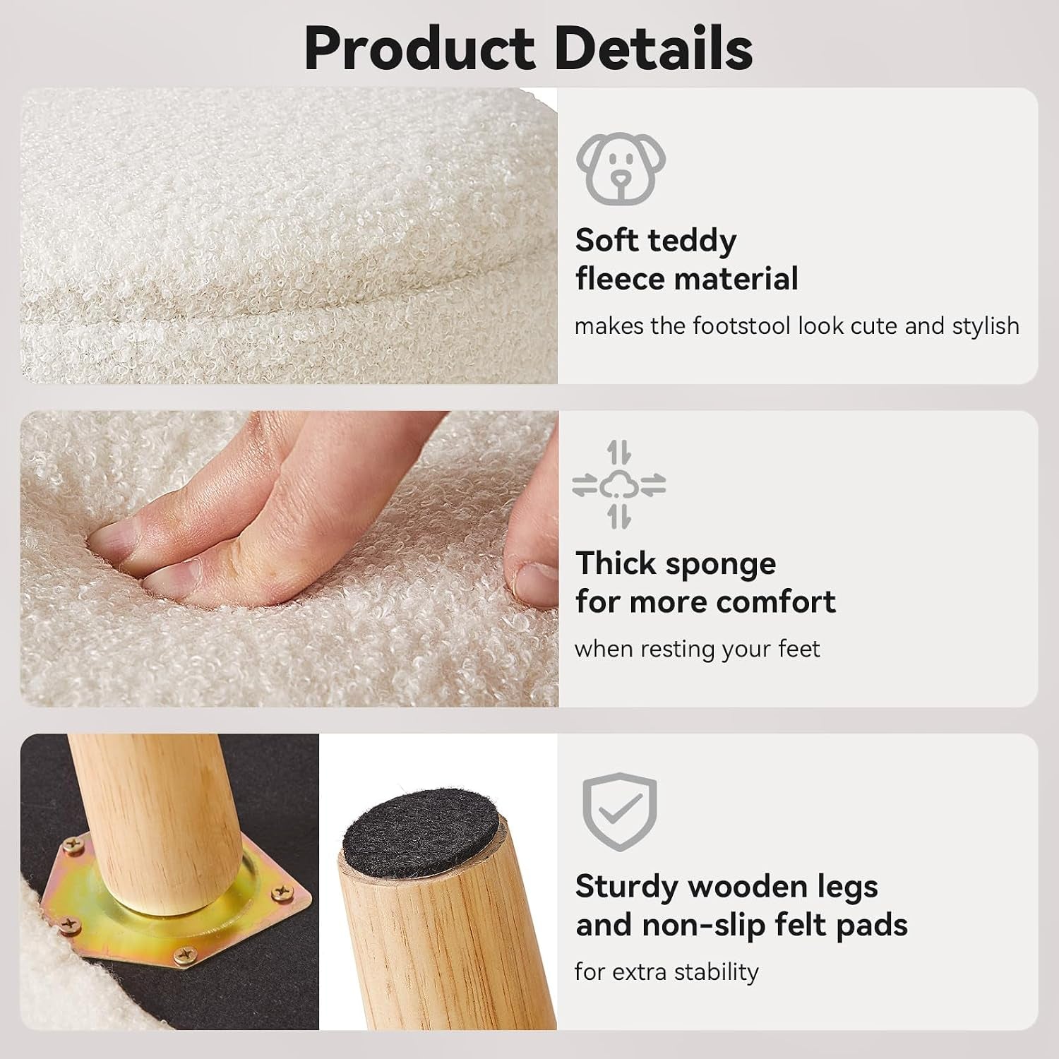 13 Inch Small Footstool Ottoman with Storage, round Pouffe Foot Rest with Padded Seat and Wood Legs, Teddy Velvet Mini Footstool for Living Room Couch Bedroom Entryway, Cream WBD006W