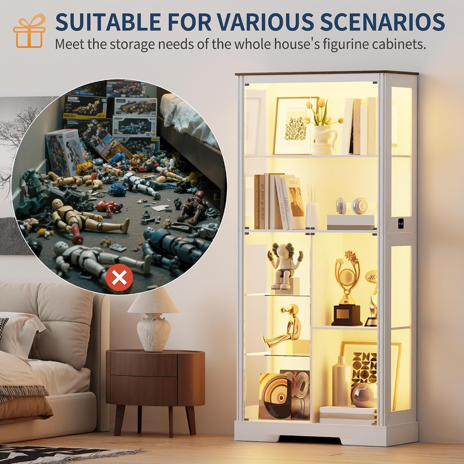 180Cm LED Display Cabinet with Glass Doors for Collectibles,White | Curio Cabinet with Glass Shelf,6-Tier Display Cases with 3 Color Lights and Human Body for Bedroom,Books,Toys