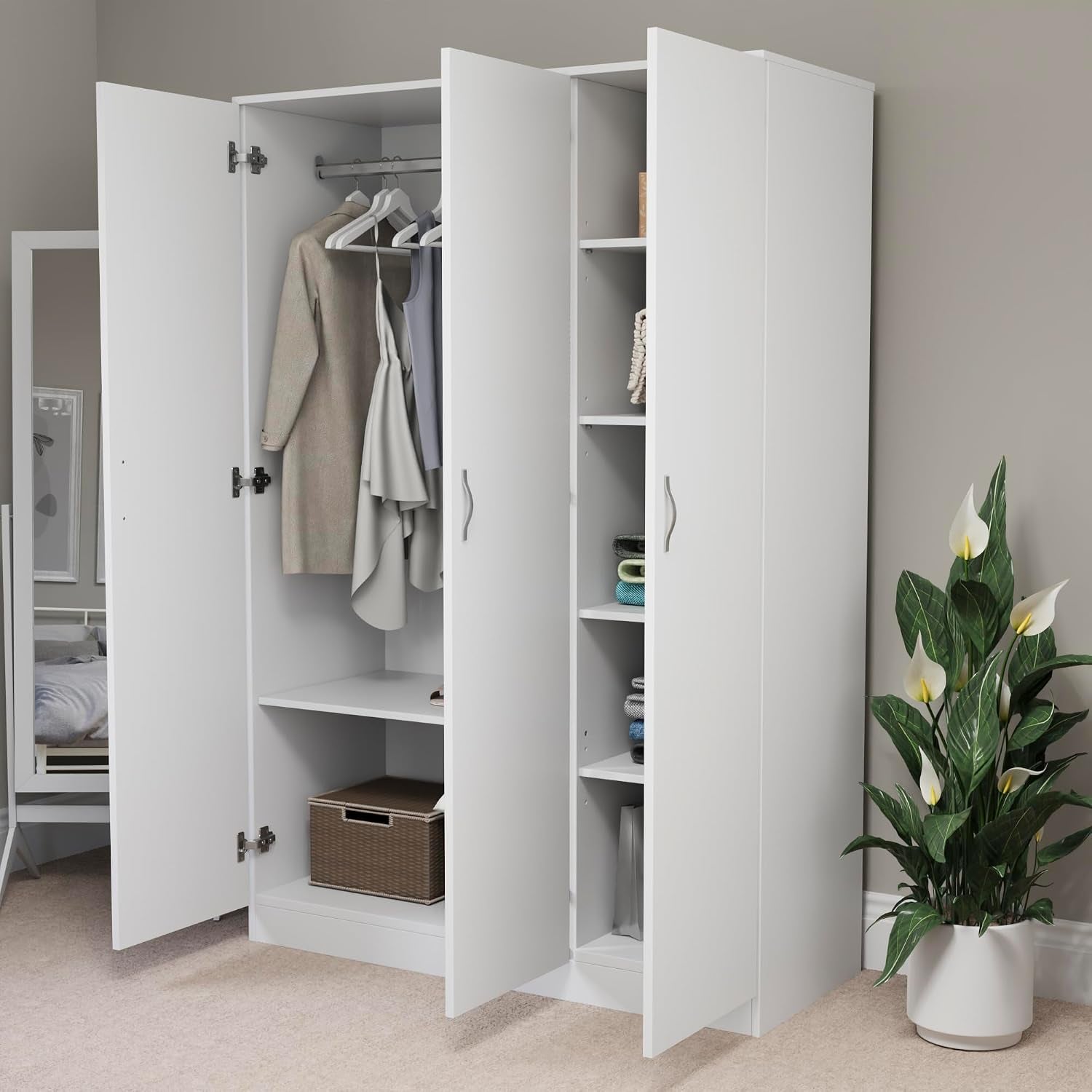Riano 3 Door Wardrobe | White | Bedroom Furniture | 170H X 115.4W X 53D Cm | with Shelf & Hanging Rail | Large Capacity Storage