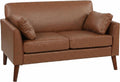 2 Seater Sofa 132 Cm PU Leather Upholstered for Small Space Brown | Modern Small Sofa, Loveseat, Solid Wood Legs, 2 Pillows, Couch Settee, Living Room, Bedroom, Home Office