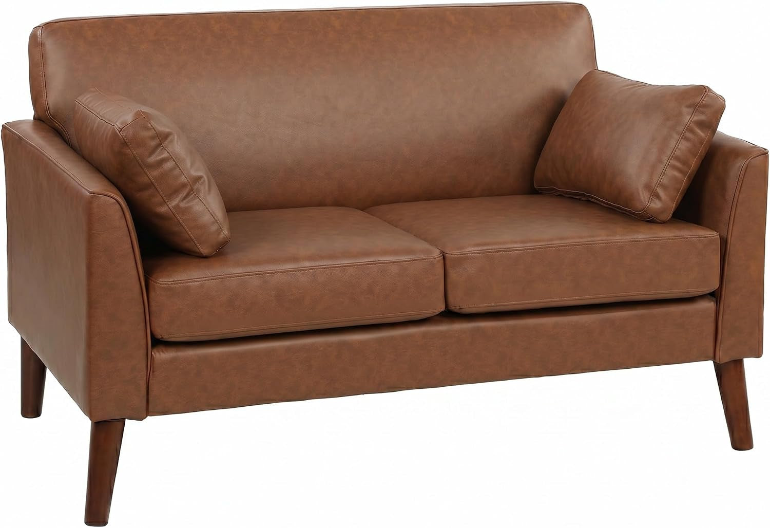 2 Seater Sofa 132 Cm PU Leather Upholstered for Small Space Brown | Modern Small Sofa, Loveseat, Solid Wood Legs, 2 Pillows, Couch Settee, Living Room, Bedroom, Home Office