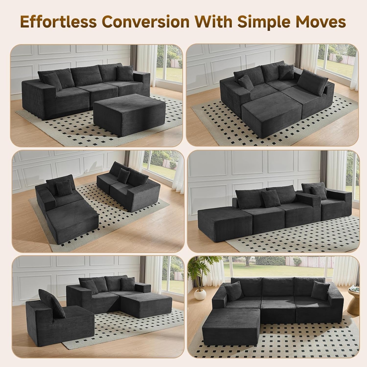 275 Cm Modular L-Shaped Sectional Sofa, 3/4 Seater Corner Sofa with Chaise Lounge, Boneless Cloud Couch, Modern Plush Corduroy Couch for Apartment & Living Room, No Assembly Required, Black
