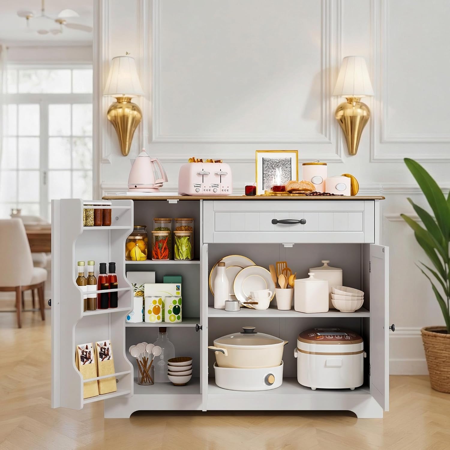 Sideboard Cabinet, Kitchen Storage Cupboard with Drawer | 3-Tier Door Storage and 2-Door Cabinet, Anti-Tip Design, 105 X 40 X 84.5