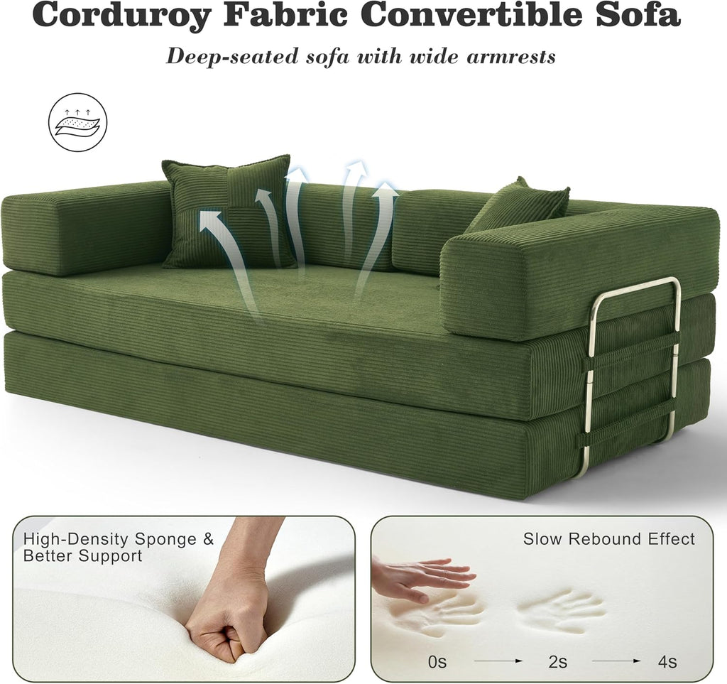 3 Seater Boneless Sofa Bed,Modular Convertible Couch,Pull Out,Green | 5-In-1 Folding Double Futon Sofa Bed|Corduroy Fabric|2 Memory Foam Pillows|Sectional Compressed Couches|200Cm for Living Room