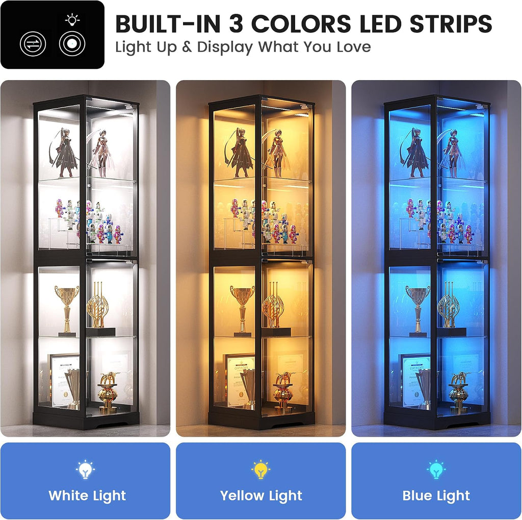 Glass Display Cabinet with LED Lights, 165CM Tall, Black | 3-Color Lights, 4-Tier Storage Shelf, Space-Saving, for Collectibles/Toys/Books, for Living Room