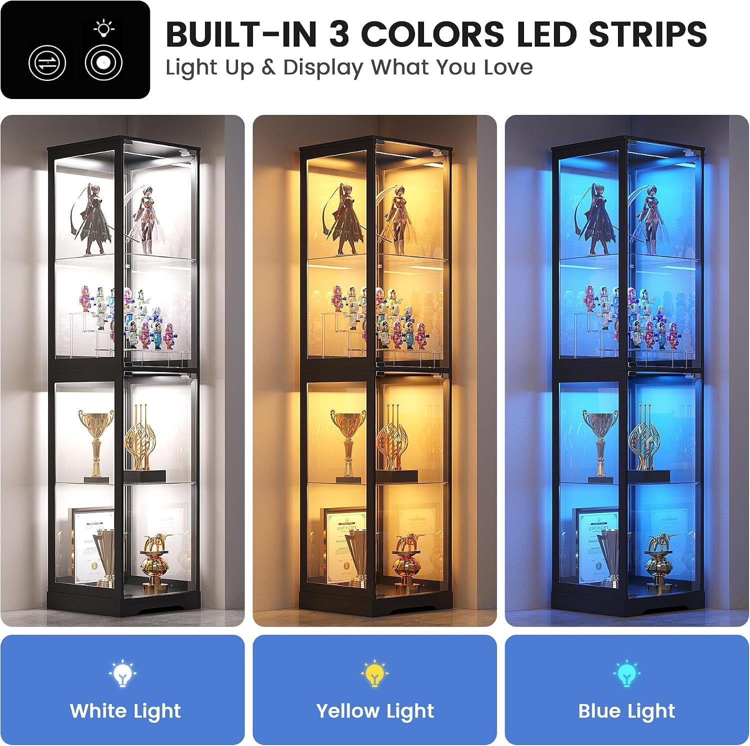 Glass Display Cabinet with LED Lights, 165CM Tall, Black | 3-Color Lights, 4-Tier Storage Shelf, Space-Saving, for Collectibles/Toys/Books, for Living Room