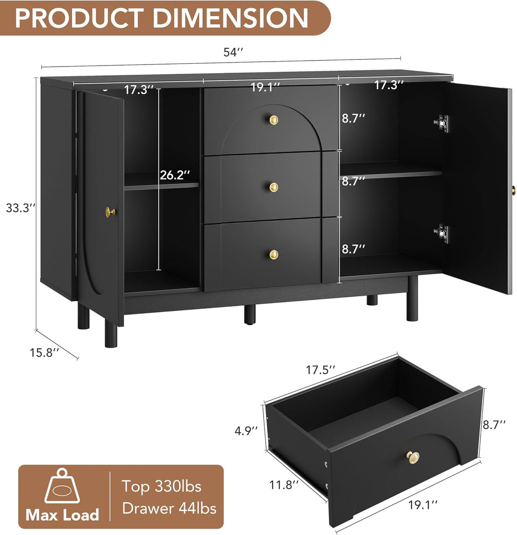 Sideboard, Wooden Sideboard Cabinet with Adjustable Shelf, 3 Drawers and 2 Doors, Modern Cabinet for Living Room, Hallway, Kitchen, Black
