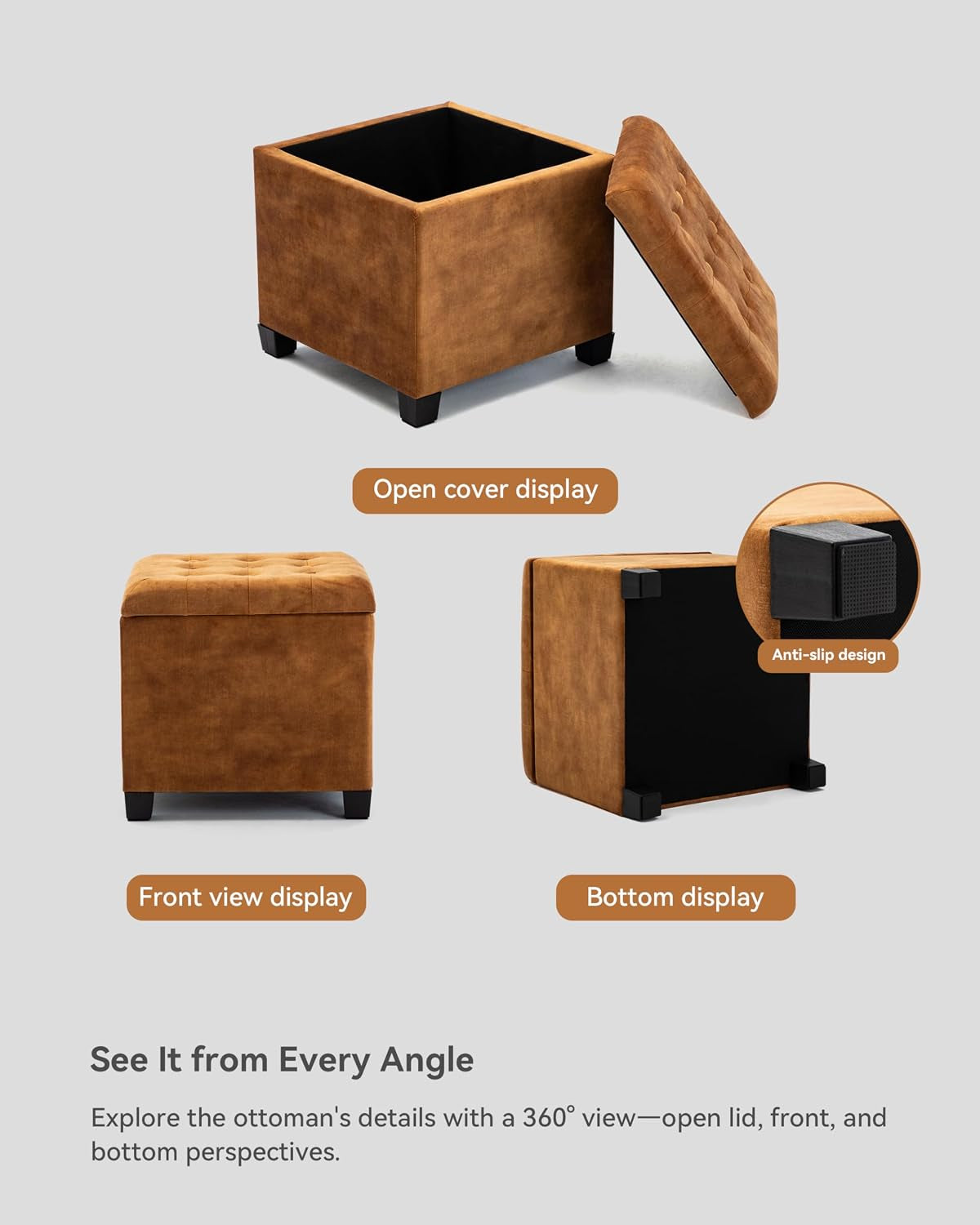 45Cm Velvet Storage Ottoman Footstool Pouffe with Lid (Mustard) | Cube Velvet Finish, Hidden Storage for Blankets and Toys, Padded Seat Comfort, Footstool and Extra Seating for Living Rooms