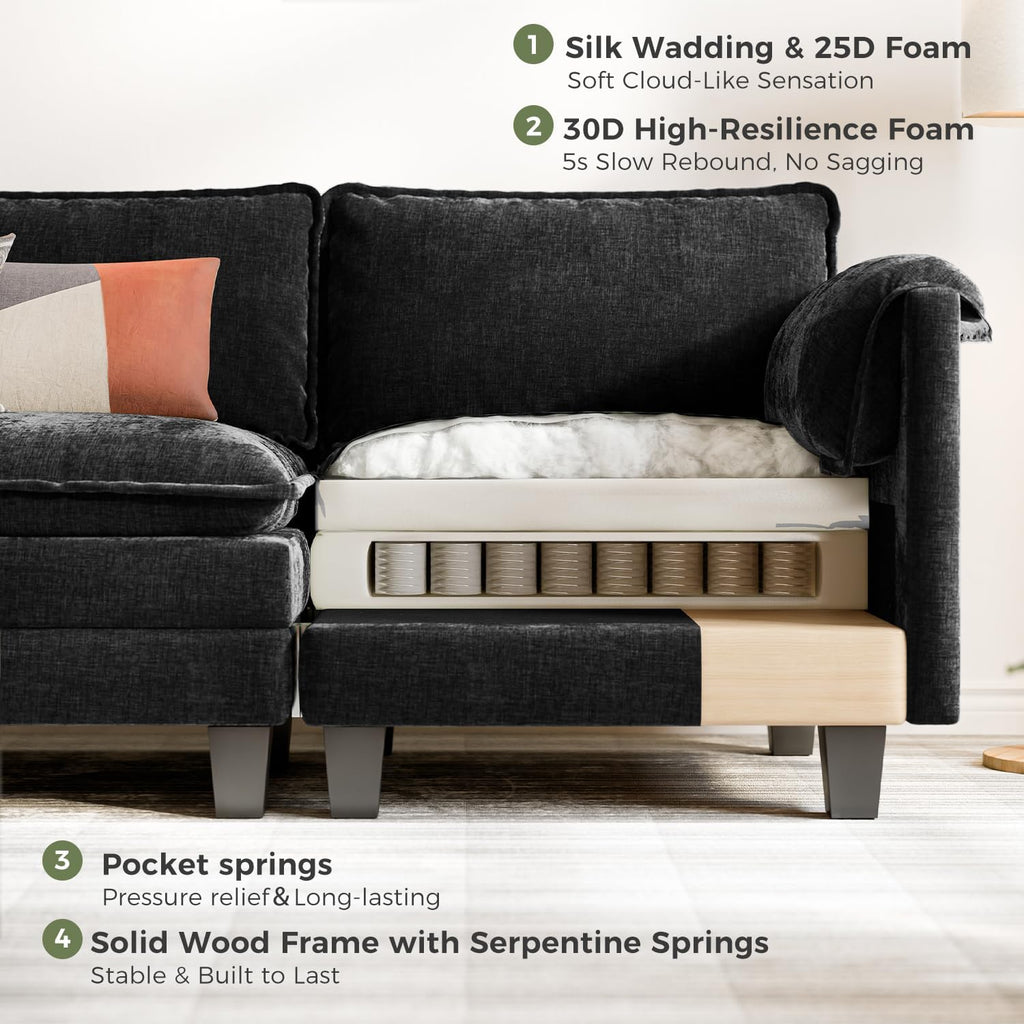 Modular Cloud Sofa, 256Cm Wide L-Shaped Sofa with Ottoman, Modern Chenille 3 Seater Corner Couch with 62Cm Deep Seat, Tool-Free Assembly for Living Room, Apartments & Guest Room, Black
