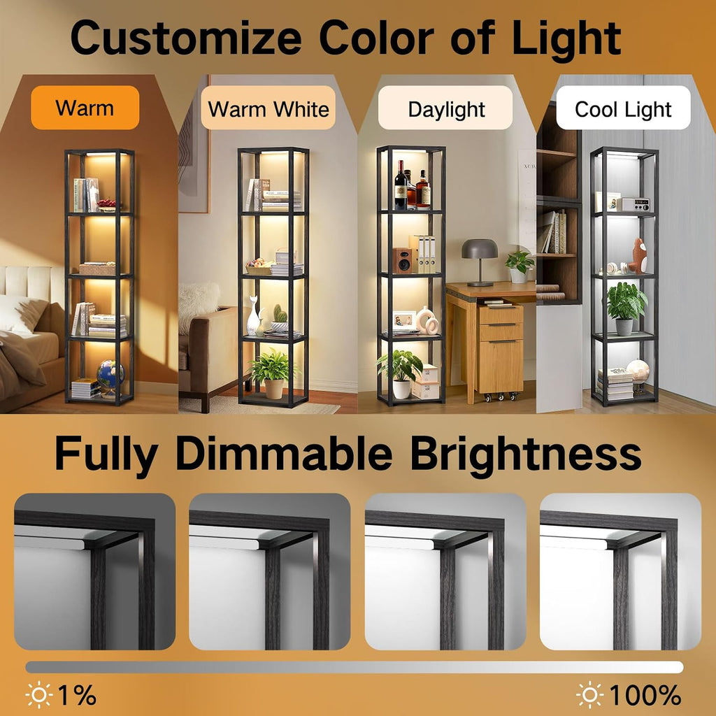 67" Glass Display Shelf with Dimmable LED Floor Lamp, Collectibles Display Cabinet with Remote & App Control, 5 Tier Open Bookshelf Lamp for Living Room, Bedroom, Office, Home Decor, Black | Remote Control and App Control, Open Bookcase Light for Living Room and Bedroom, Black