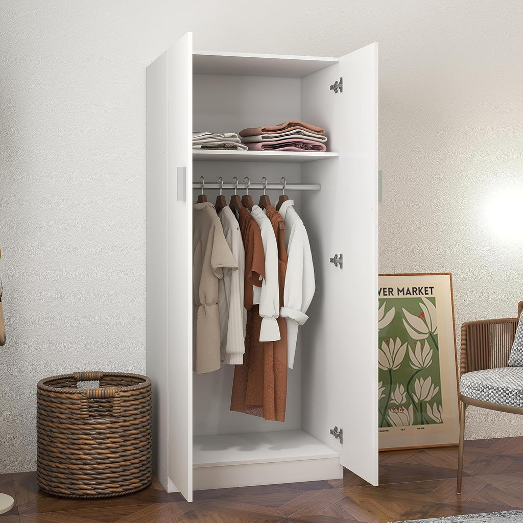 Wooden 2 Door Wardrobe with Shelf and Hanging Rail Modern Clothes Storage Cupboards Unit for Bedroom Furniture W 72 X D 49 X H 169 Cm (White)