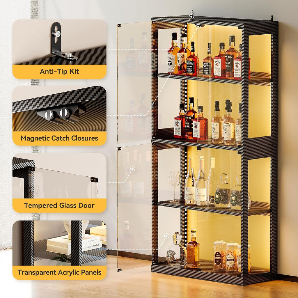 Glass Display Cabinet with RGB LED Light, 160X70X30Cm, Black | Display Cases with 3 Color Lights, Modern Storage Cabinet with Glass Door, Tall Bookcase for Home Office, Living Room